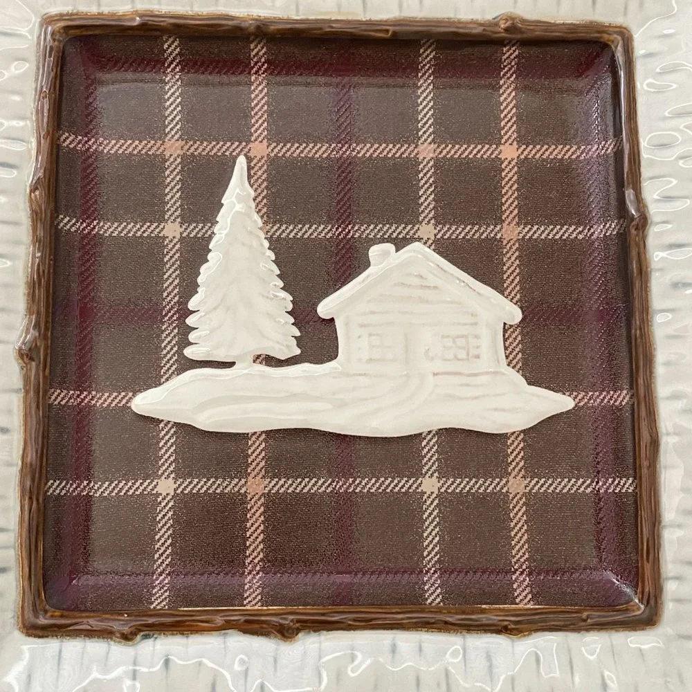 Homestudio Lake Cabin Dinner Plate Square Plaid Rustic‎ Embossed Stoneware 11